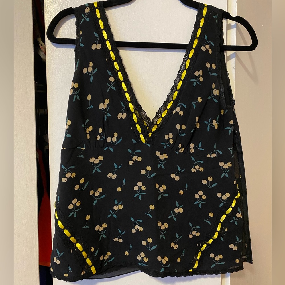 Anna Sui v neck tank top cherry print lace ribbon detail